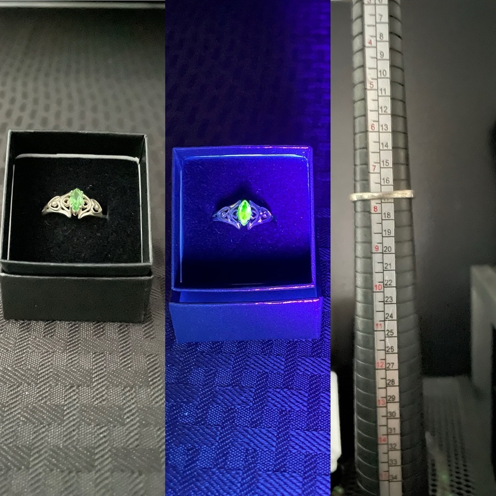 Uranium Glass & Sterling Silver Small Marquise Ring Size 7.5.
